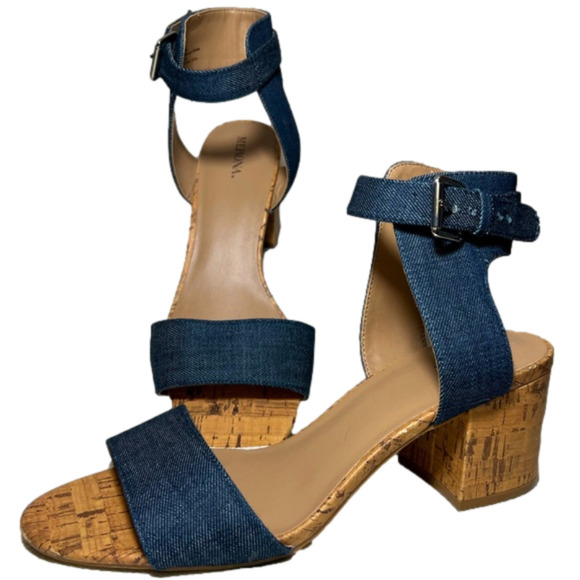 Merona Shoes - Merona Talia Blue Quarter Strap Denim Sandal, Ankle Strap, Block Heel, Size 9.5
